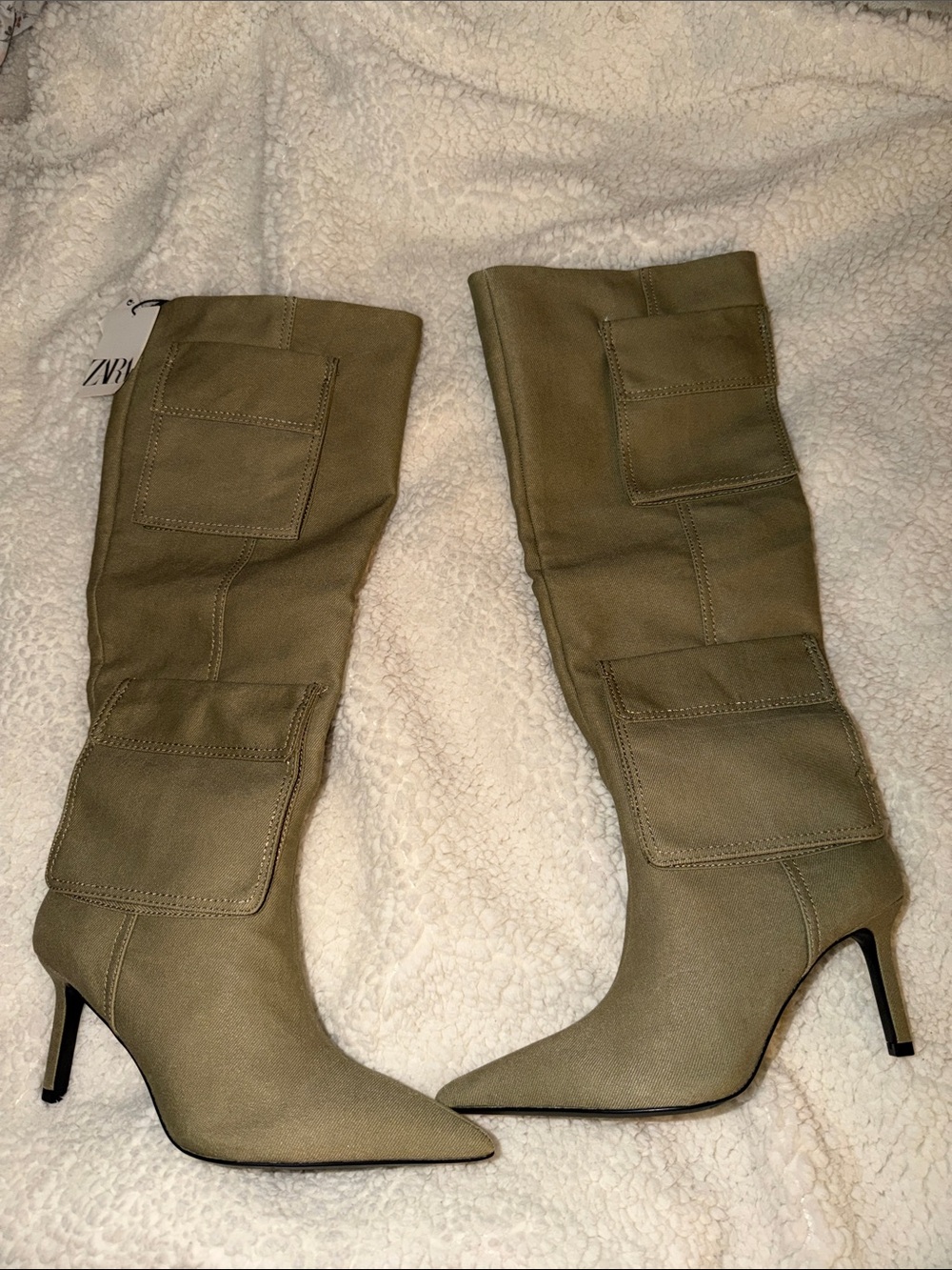 Zara Olive Knee-High Pointed-Toe Stiletto Boots with Patch Pockets